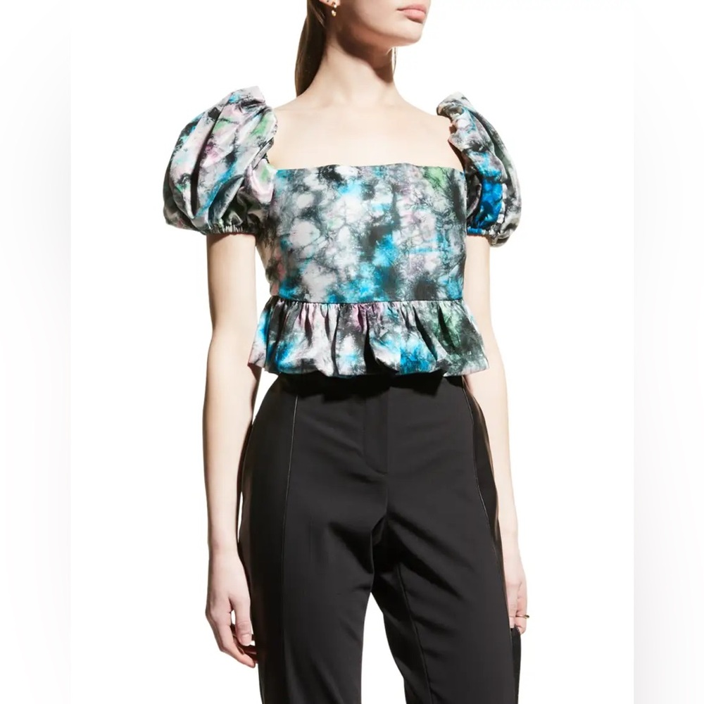 Azeeza Kam Crop Puff-Sleeve Silk Top